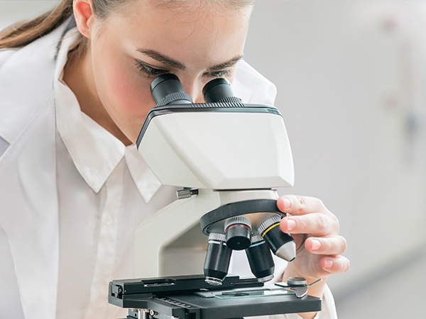 an engineer checking technical data from microscope